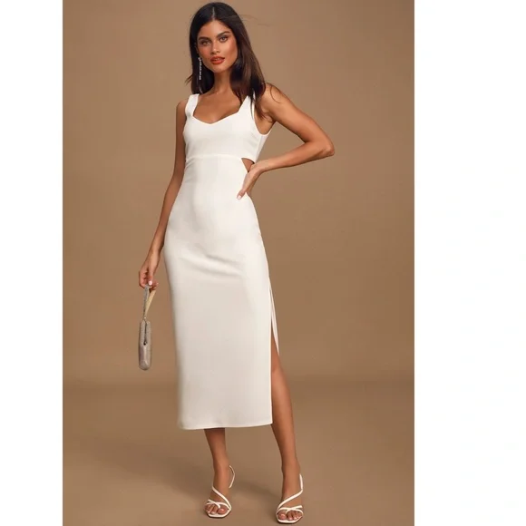 NEW LULUS Captivate My Soul WHITE Cutout BODYCON Stretchy COCKTAIL Midi DRESS S - Picture 4 of 16
